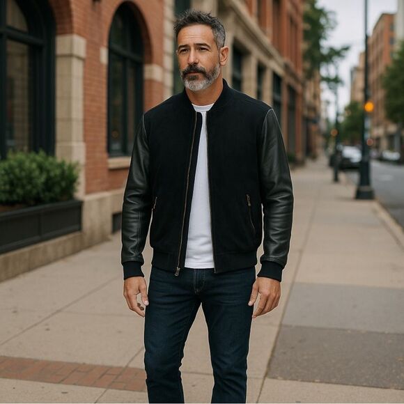 Tovar brand Men's Black Leather Sleeve and Wool Bomber Jacket size medium - Picture 1 of 9